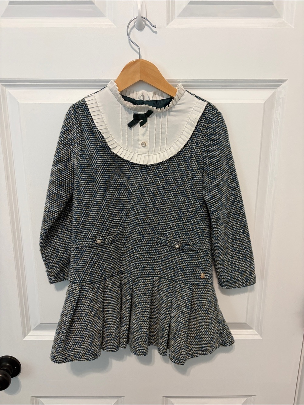 Girls Green and Gold Tweed Dress with Pleated White Collar size 120 (5-6 US)